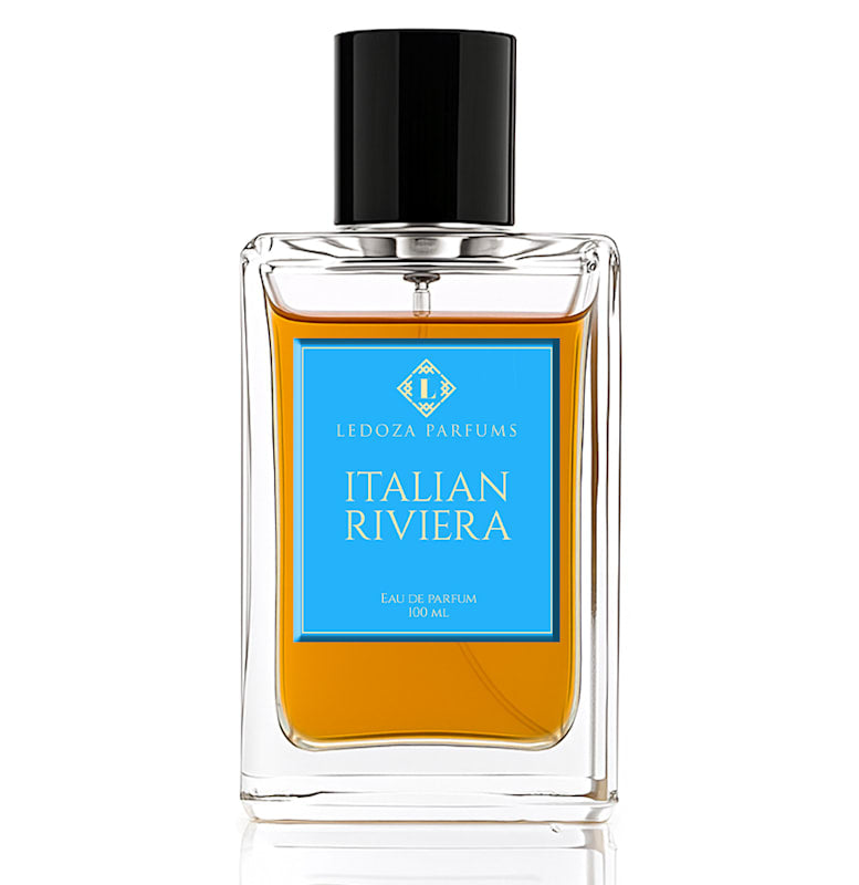 Perfume bottle labeled 'Italian Riviera' by Ledoza Parfums on a white background lv imagination perfume